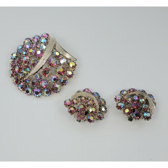 Vintage Art Mode-Art Arthur Pepper Aurora Borealis Brooch & Clip On Earrings Set - Picture 3 of 11